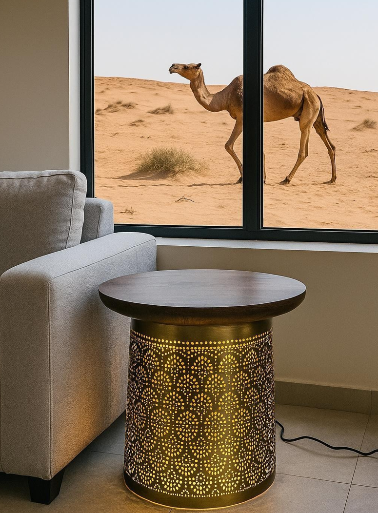 PREMIUM SIDE TABLE WITH BUILT-IN LIGHT-SOLID WOOD & GOLD ELECTROPLATED BASE