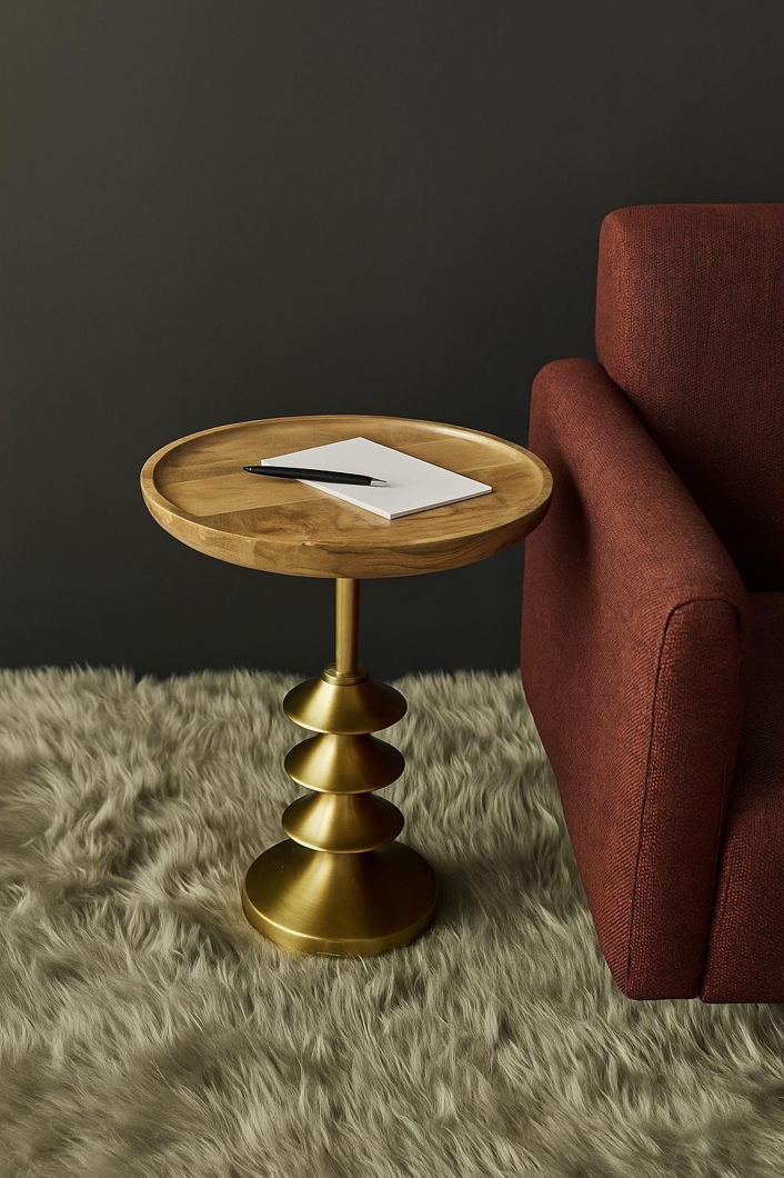 DESIGNER SIDE TABLE - MANGO WOOD TOP WITH GOLD DISC BASE